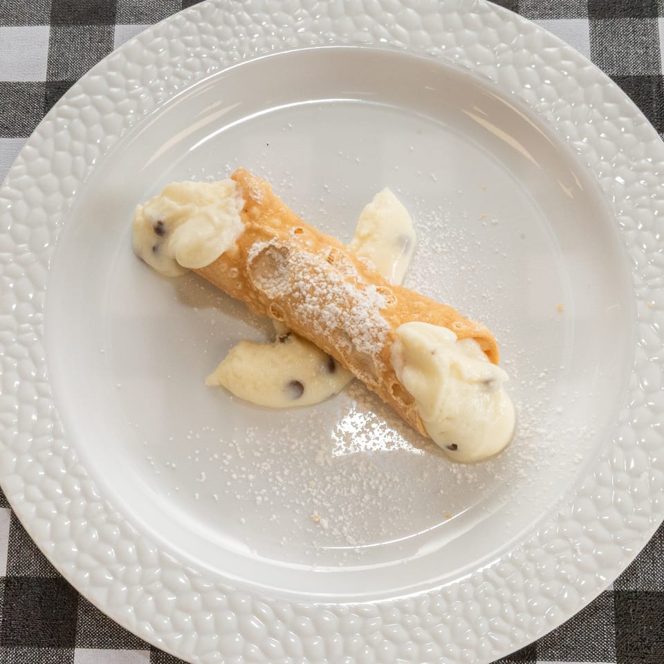 A single cannoli filled with cream and chocolate chips, dusted with powdered sugar on a white plate.